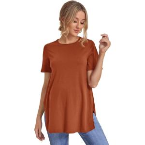 imageOYOANGLE Womens Maternity Shirts Split Hem Short Sleeve Loose Tunic Tops Tee Casual Pregnancy ClothesBurnt Orange