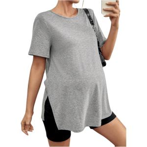 imageOYOANGLE Womens Maternity Shirts Split Hem Short Sleeve Loose Tunic Tops Tee Casual Pregnancy ClothesDark Grey