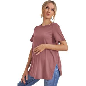 imageOYOANGLE Womens Maternity Shirts Split Hem Short Sleeve Loose Tunic Tops Tee Casual Pregnancy ClothesDusty Pink