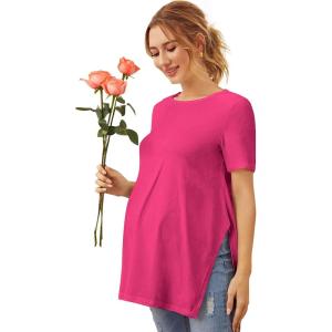 imageOYOANGLE Womens Maternity Shirts Split Hem Short Sleeve Loose Tunic Tops Tee Casual Pregnancy ClothesHot Pink
