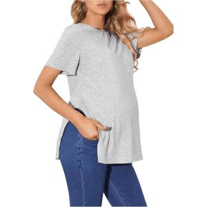 imageOYOANGLE Womens Maternity Shirts Split Hem Short Sleeve Loose Tunic Tops Tee Casual Pregnancy ClothesLight Grey