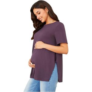 imageOYOANGLE Womens Maternity Shirts Split Hem Short Sleeve Loose Tunic Tops Tee Casual Pregnancy ClothesLight Purple