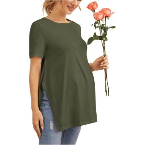 imageOYOANGLE Womens Maternity Shirts Split Hem Short Sleeve Loose Tunic Tops Tee Casual Pregnancy ClothesPure Green