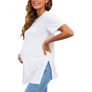 imageOYOANGLE Womens Maternity Shirts Split Hem Short Sleeve Loose Tunic Tops Tee Casual Pregnancy ClothesWhite