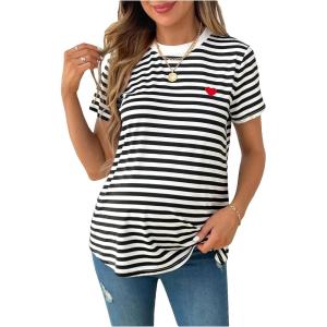 imageOYOANGLE Womens Maternity Shirts Striped Print Short Sleeve Crew Neck Tee Shirt Pregnancy TopsBlack