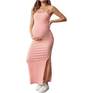 imageOYOANGLE Womens Maternity Striped Fitted Tank Dress Spaghetti Strap Split Hem Knitted Pregnancy Maxi DressesPink