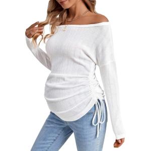 imageOYOANGLE Womens Maternity Textured Long Sleeve Off The Shoulder Tee Shirt Drawstring Side Long Tee TopsWhite