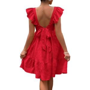 imageOYOANGLE Womens Maternity Tie Backless Ruffle Trim Short Sleeve Square Neck A Line Dress Solid Plain Flared DressesRed Solid
