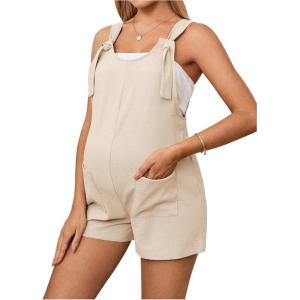 imageOYOANGLE Womens Maternity Tie Knot Wide Strap Suspender Overall Shorts Jumpsuit Sleeveless Romper with PocketApricot