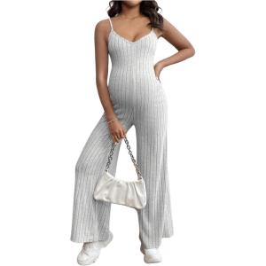 imageOYOANGLE Womens Maternity V Neck Spaghetti Strap Ribbed Knit Long Pants JumpsuitsLight Grey