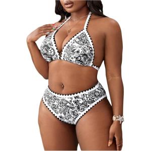 imageOYOANGLE Womens Plus Size 2 Piece Boho Printed Bikini Swimsuit Triangle Halter Bathing Suit High Waisted SwimwearBlack and White