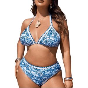 imageOYOANGLE Womens Plus Size 2 Piece Boho Printed Bikini Swimsuit Triangle Halter Bathing Suit High Waisted SwimwearBlue and White