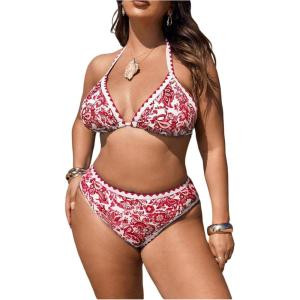 imageOYOANGLE Womens Plus Size 2 Piece Boho Printed Bikini Swimsuit Triangle Halter Bathing Suit High Waisted SwimwearRed