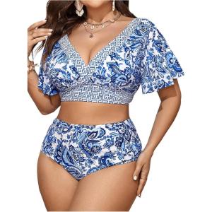 imageOYOANGLE Womens Plus Size 2 Piece Floral Print Bikini Set V Neck Ruffle Short Sleeve High Waisted SwimsuitsBlue and White