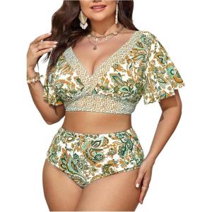 imageOYOANGLE Womens Plus Size 2 Piece Floral Print Bikini Set V Neck Ruffle Short Sleeve High Waisted SwimsuitsGreen