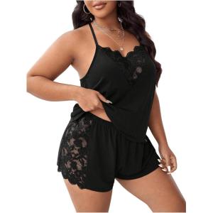 imageOYOANGLE Womens Plus Size 2 Piece Pajama Set Floral Lace Cami Tank Top and Shorts Set SleepwearBlack Lace