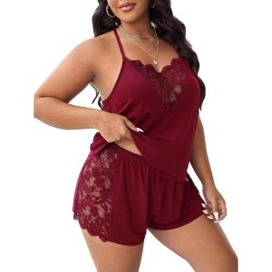 imageOYOANGLE Womens Plus Size 2 Piece Pajama Set Floral Lace Cami Tank Top and Shorts Set SleepwearBurgundy