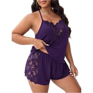 imageOYOANGLE Womens Plus Size 2 Piece Pajama Set Floral Lace Cami Tank Top and Shorts Set SleepwearDark Purple
