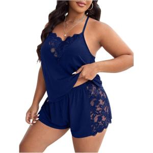 imageOYOANGLE Womens Plus Size 2 Piece Pajama Set Floral Lace Cami Tank Top and Shorts Set SleepwearDeep Blue