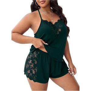 imageOYOANGLE Womens Plus Size 2 Piece Pajama Set Floral Lace Cami Tank Top and Shorts Set SleepwearDeep Green
