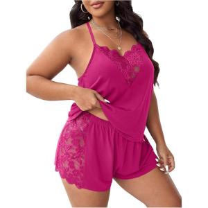 imageOYOANGLE Womens Plus Size 2 Piece Pajama Set Floral Lace Cami Tank Top and Shorts Set SleepwearHot Pink