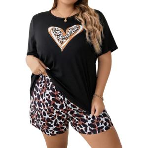 imageOYOANGLE Womens Plus Size 2 Piece Pajama Set Plaid Print Short Sleeve Tee Top and Shorts Set SleepwearBlack Brown