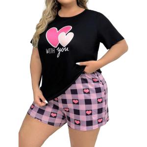 imageOYOANGLE Womens Plus Size 2 Piece Pajama Set Plaid Print Short Sleeve Tee Top and Shorts Set SleepwearBlack Graphic