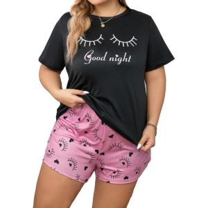 imageOYOANGLE Womens Plus Size 2 Piece Pajama Set Plaid Print Short Sleeve Tee Top and Shorts Set SleepwearBlack and Pink