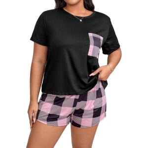imageOYOANGLE Womens Plus Size 2 Piece Pajama Set Plaid Print Short Sleeve Tee Top and Shorts Set SleepwearPink Black