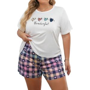 imageOYOANGLE Womens Plus Size 2 Piece Pajama Set Plaid Print Short Sleeve Tee Top and Shorts Set SleepwearPink White