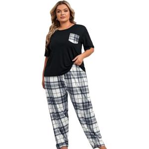 imageOYOANGLE Womens Plus Size 2 Piece Pajama Set Short Sleeve Tee Shirt and Plaid Print Pants Set LoungewearBlack and White