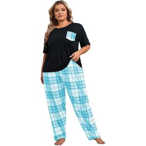 imageOYOANGLE Womens Plus Size 2 Piece Pajama Set Short Sleeve Tee Shirt and Plaid Print Pants Set LoungewearBlue