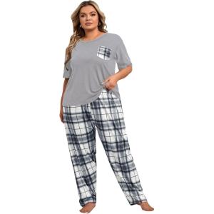 imageOYOANGLE Womens Plus Size 2 Piece Pajama Set Short Sleeve Tee Shirt and Plaid Print Pants Set LoungewearGrey