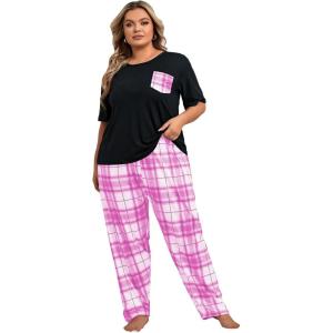 imageOYOANGLE Womens Plus Size 2 Piece Pajama Set Short Sleeve Tee Shirt and Plaid Print Pants Set LoungewearHot Pink