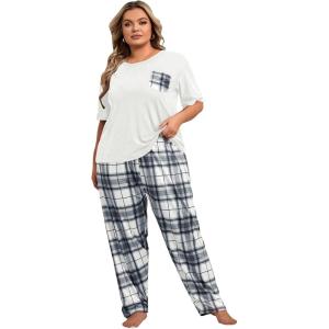 imageOYOANGLE Womens Plus Size 2 Piece Pajama Set Short Sleeve Tee Shirt and Plaid Print Pants Set LoungewearWhite and Grey