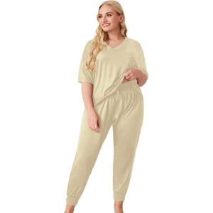 imageOYOANGLE Womens Plus Size 2 Piece Short Sleeve Pajama Set Letter Tshirt and pants Lounge Set SleepwearApricot Solid
