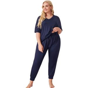 imageOYOANGLE Womens Plus Size 2 Piece Short Sleeve Pajama Set Letter Tshirt and pants Lounge Set SleepwearNavy Blue