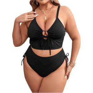 imageOYOANGLE Womens Plus Size 2 Piece Swimsuits Cut Out Tie Front Bikini Set High Waisted Bathing Suits SwimwearBlack