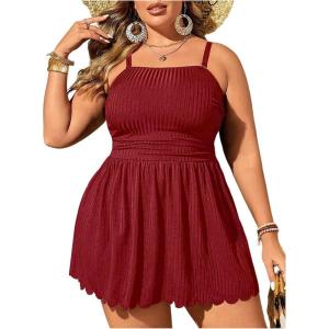 imageOYOANGLE Womens Plus Size 2 Piece Tankini Swimsuit Textured Ruffle Hem Swim Dress with Bottoms SwimwearBurgundy