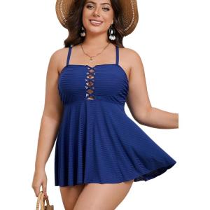 imageOYOANGLE Womens Plus Size 2 Piece Tankini Swimsuits Flowy Tummy Control Bathing Suits Swim Dress with Bikini BottomsBlue