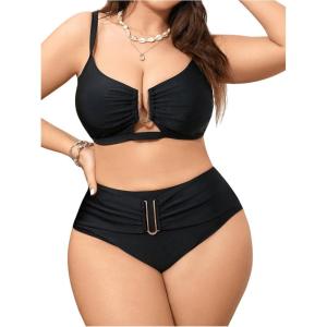 imageOYOANGLE Womens Plus Size 2 Piece V Wired Ruched Swimsuit High Waisted Bikini Set Bathing SuitsBlack
