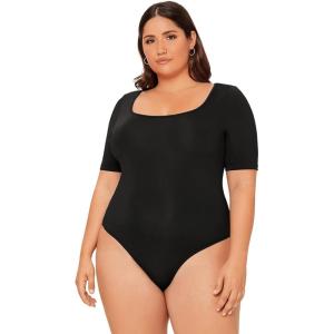 imageOYOANGLE Womens Plus Size Basic Short Sleeve Bodysuit Scoop Neck T Shirts BodysuitBlack