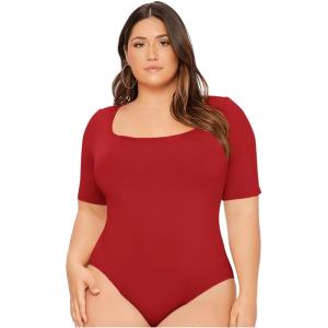 imageOYOANGLE Womens Plus Size Basic Short Sleeve Bodysuit Scoop Neck T Shirts BodysuitBurgundy Solid