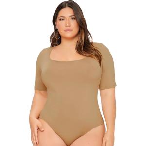 imageOYOANGLE Womens Plus Size Basic Short Sleeve Bodysuit Scoop Neck T Shirts BodysuitCamel