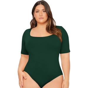 imageOYOANGLE Womens Plus Size Basic Short Sleeve Bodysuit Scoop Neck T Shirts BodysuitDark Green