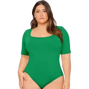 imageOYOANGLE Womens Plus Size Basic Short Sleeve Bodysuit Scoop Neck T Shirts BodysuitGreen Solid