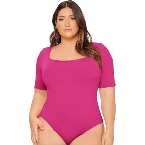 imageOYOANGLE Womens Plus Size Basic Short Sleeve Bodysuit Scoop Neck T Shirts BodysuitHot Pink