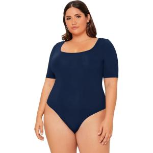 imageOYOANGLE Womens Plus Size Basic Short Sleeve Bodysuit Scoop Neck T Shirts BodysuitNavy Blue