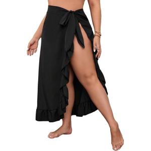 imageOYOANGLE Womens Plus Size Beach Sarong Swimsuit Cover Ups Ruffle Hem Knot Side Wrap Long Maxi SkirtsBlack