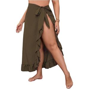 imageOYOANGLE Womens Plus Size Beach Sarong Swimsuit Cover Ups Ruffle Hem Knot Side Wrap Long Maxi SkirtsBrown
